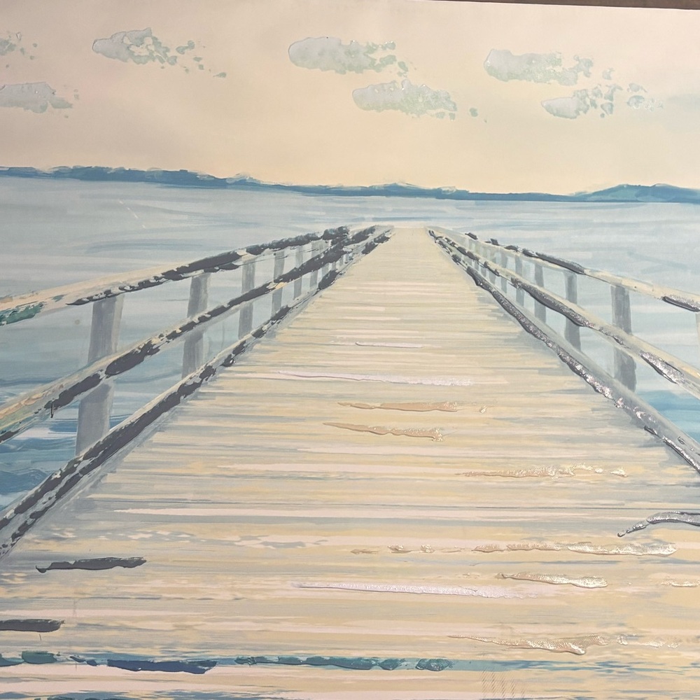 58x31 Serene Pier Canvas Painting in Blue and Cream
